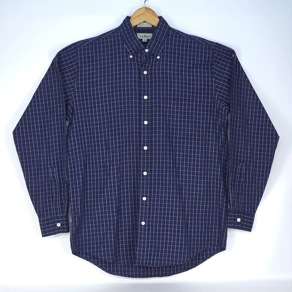 LL Bean Button Down Shirt Mens Large Navy Blue Check Long Sleeve Office Business - Picture 2 of 15